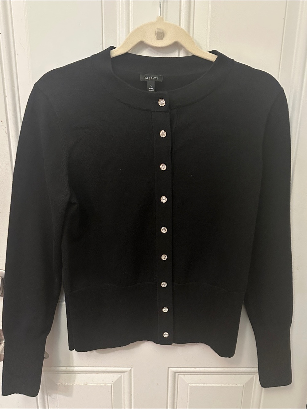 Talbots Black Button-Front Crew Cardigan with Sparkle Buttons Classy Sweater S